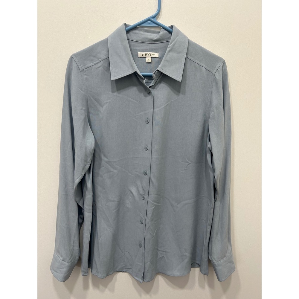 Orvis Button Down Shirt Women S Blue 100% Silk Long Sleeve Solid Blouse